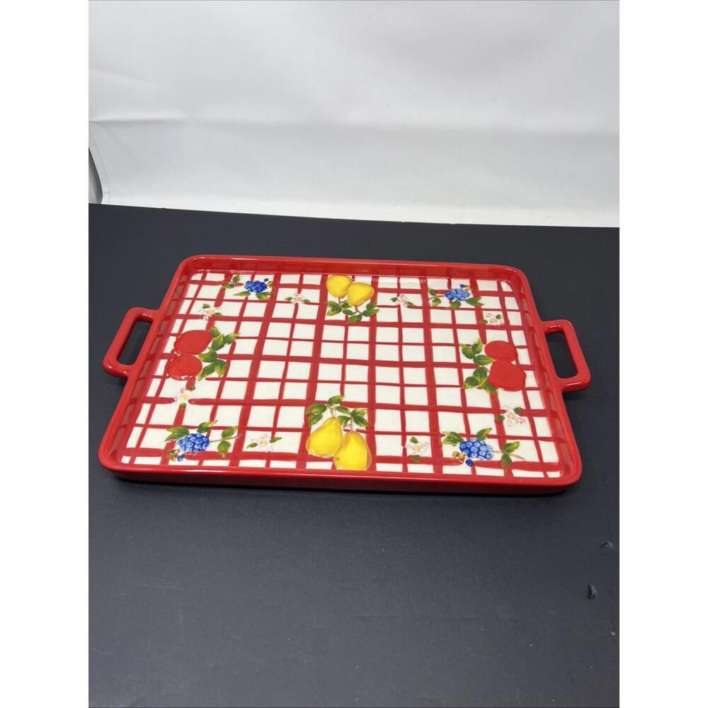 Temptations Spring Red Checkered Serving Tray Raised Fruits‎ Handled Ceramic